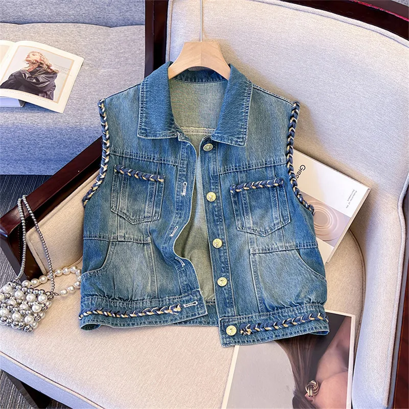 

Винтажный тканый дизайн, синий короткий джинсовый жилет с несколькими карманами и лацканами, однобортный ковбойский жилет без рукавов, летний женский новый