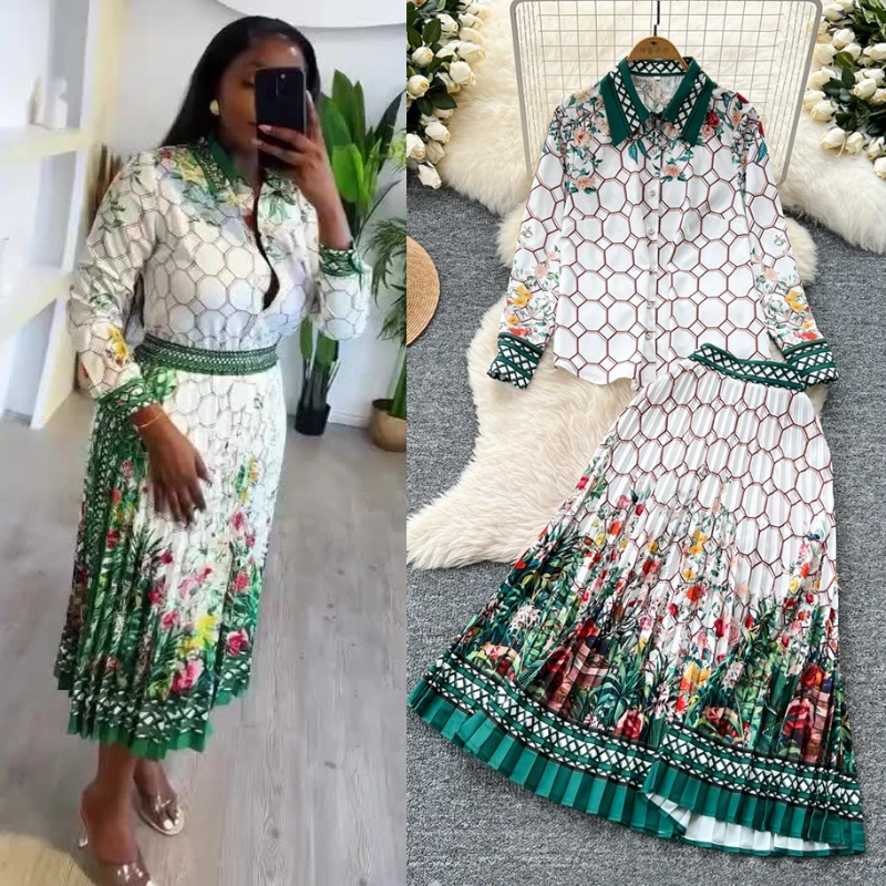 

Women Outfits Spring Summer Skirt Top and High Waist Long Sklirt French Style Vintage Print Floral Skirt 2 Piece Sets