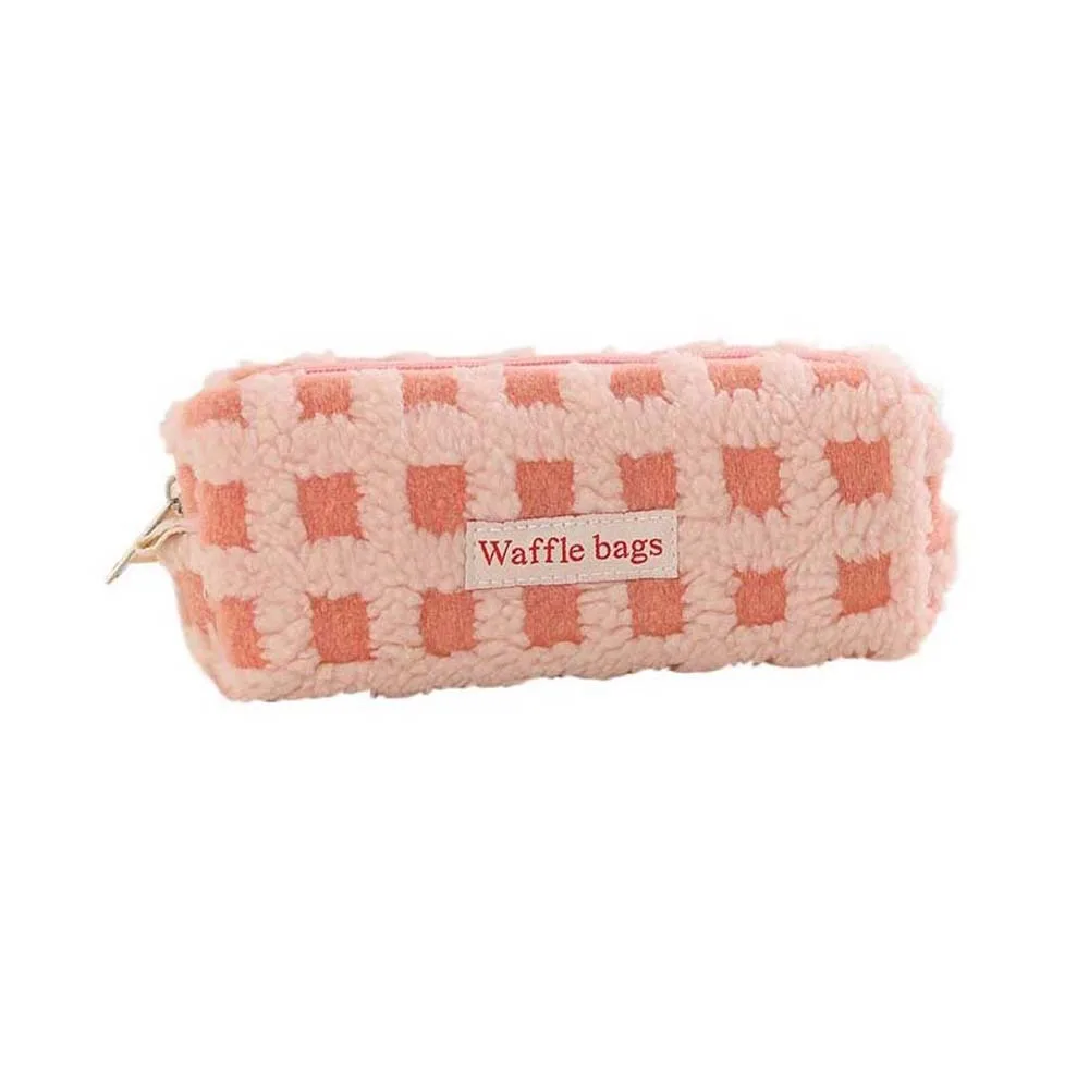 

Large Capacity Plush Pencil Case Khaki/Pink/Yellow/Blue/Red Soft Stuffed Stationery Bag Korean Style Waffle Grid Pattern