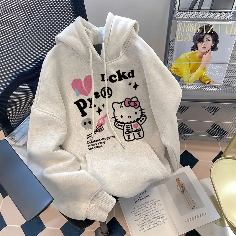 New sweet cool Hello Kitty printed hooded sweatshirt Sanrio cute original skull warm thickened casual versatile jacket wholesale