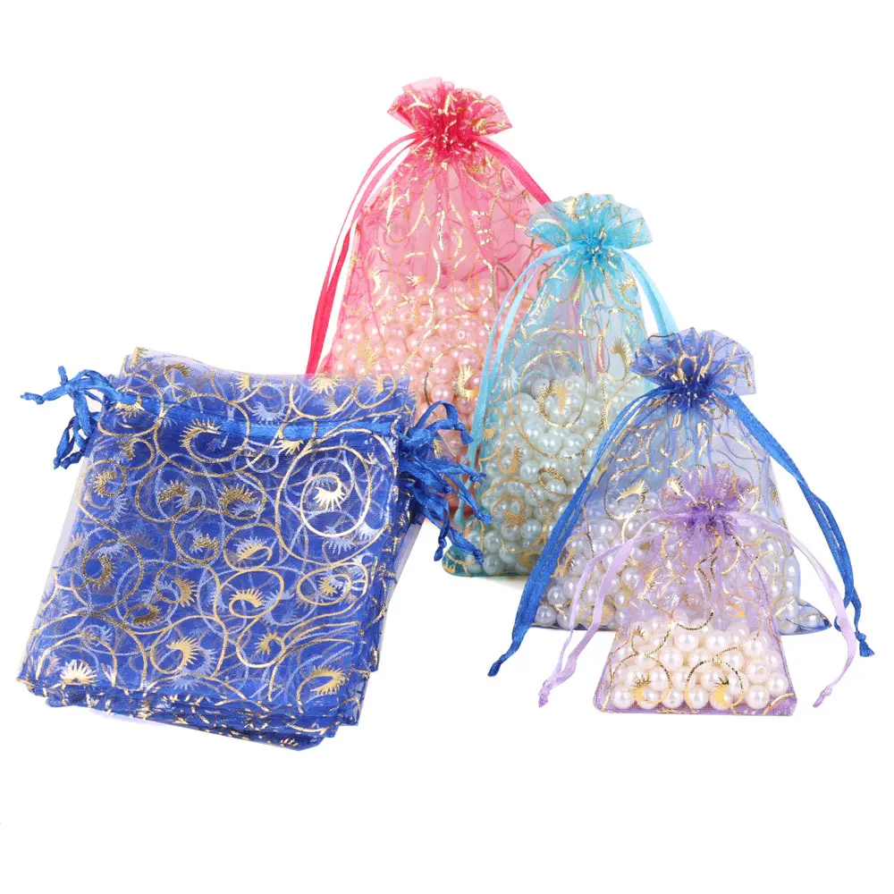 50/100 sztuk nowy wzór rzęs Organza woreczki na prezenty 7x9 9x12 10x15 13x18cm świąteczne wesele cukierki torba do pakowania ze sznurkiem