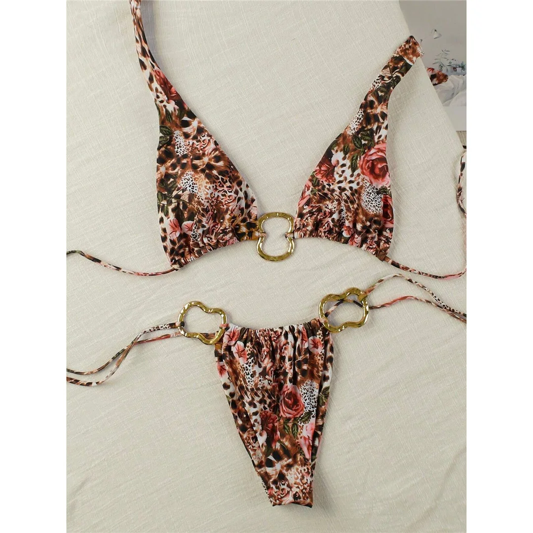 Leopard-Blumenmuster, hoch geschnittener Bikini mit Metallring, Damen-Badebekleidung, zweiteiliger Bikini-Set, Badeanzug, Badebekleidung, Schwimmbikini V6288 – Detail 7