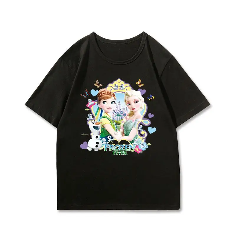ديزني فروزن فيفر تي شيرت أسود للنساء والأطفال 2025 الصيف القطن بلايز عادية آنا إلسا الأخوات ثلج أولاف تصميم القلعة