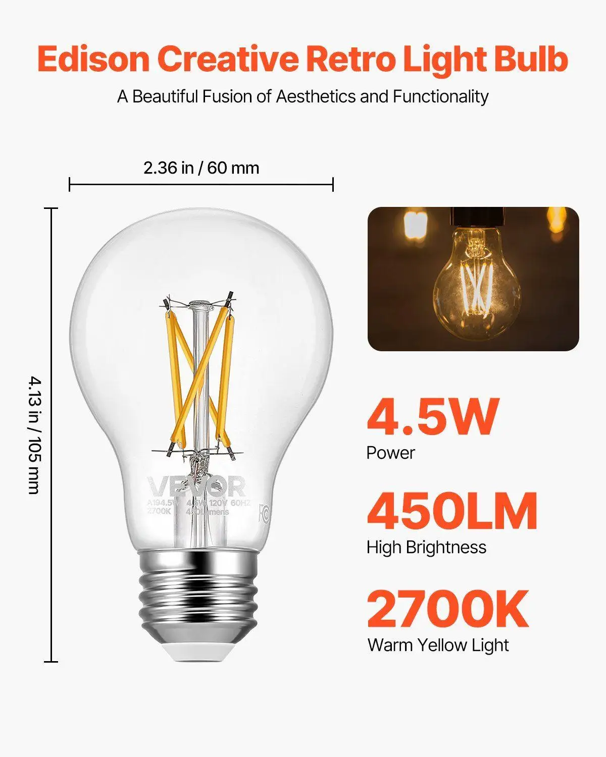 Set di lampadine LED Edison da 6 pezzi A19 4,5 W 450Lm 2700K Base E26 dimmerabile a luce calda e morbida adatta a vari apparecchi