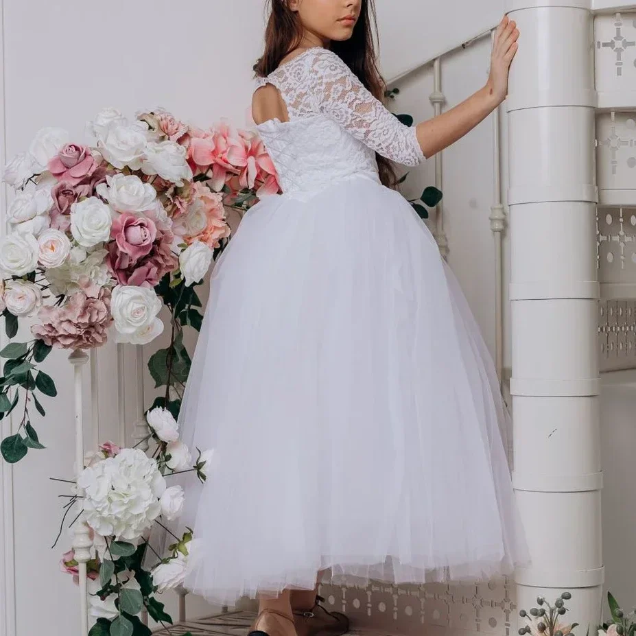 Abito da ragazza di fiore in pizzo bianco Abito da sposa per prima comunione con lacci senza schienale per principessa, festa di compleanno