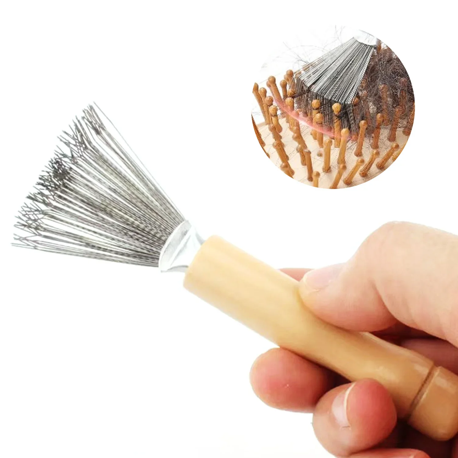 Stainless Steel Comb Hair Brush Cleaner Solid Wood Handle Cleaning Brush Remover Embedded Beauty Tools Home Salon Hair Cleaner