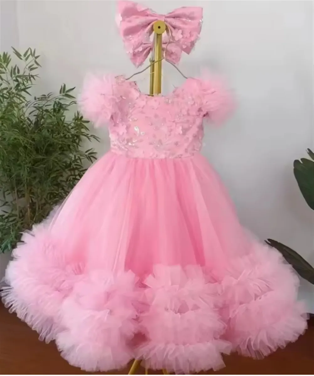 

Customized Pink Flower Girl Dress For Wedding Lace Tulle Appliques Puffy Cute Toddlers Birthday Party Photo Shoot Ball Gown
