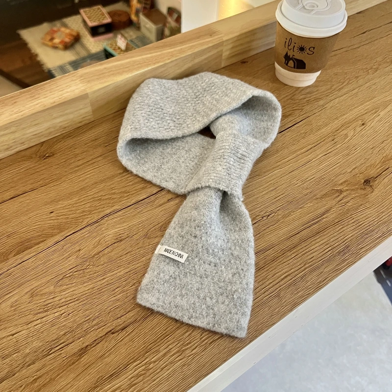 Solid Color Knitted Scarf  Winter Lazy Man Cross Short Scarf Women Khaki Warm Scarf For Wome