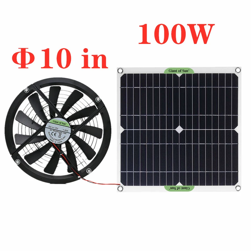 100W 12V Solar Panel Powered Fan 10 inch Ventilator Solar Exhaust Fan for Office Dog Chicken House Greenhouse RV Car Fan Charger