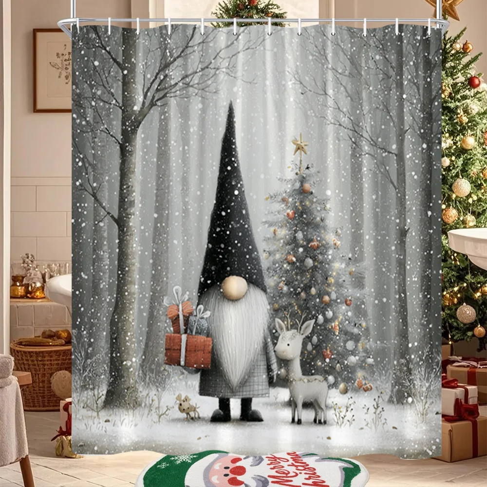 2D Flat, 2D Flat, 1pc of Christmas Shower Curtain Featuring a Playful Gnome Surrounded by Gifts And a Reindeer in a Winter Wonde