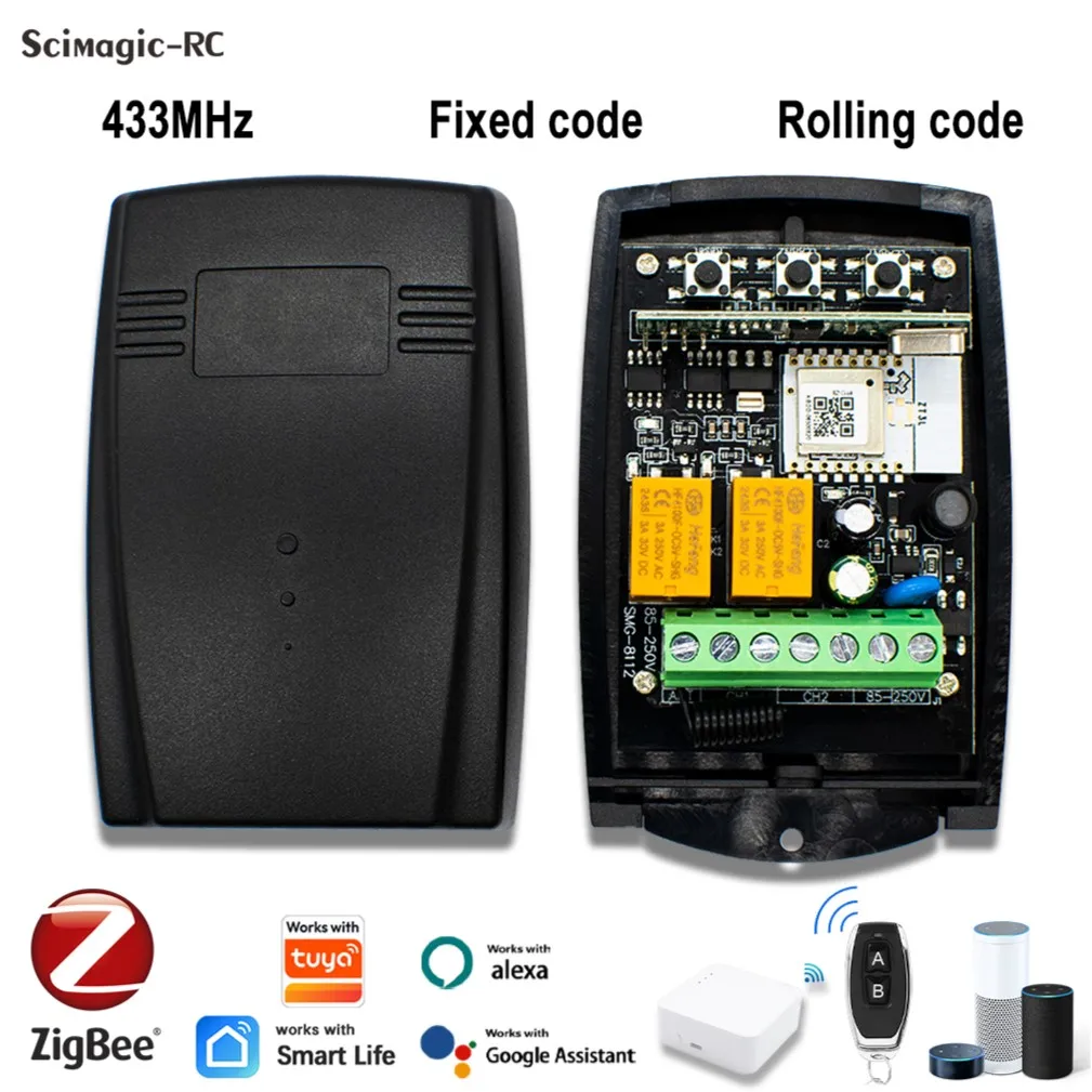 1-10Pcs Universal Zigbee Garage Door Receiver 433.92MHz Rolling Code 2CH Switch Controller AC/DC 7-32V 85-250V Work with Tuya