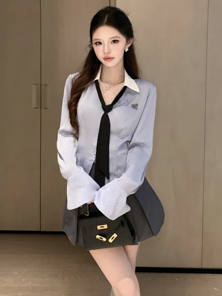 Sexy Striped Waist-Cinching Long Sleeve Shirt And High Waist Pleated  Skirt Uniform Set Fashionable Korean Style Women's ...
