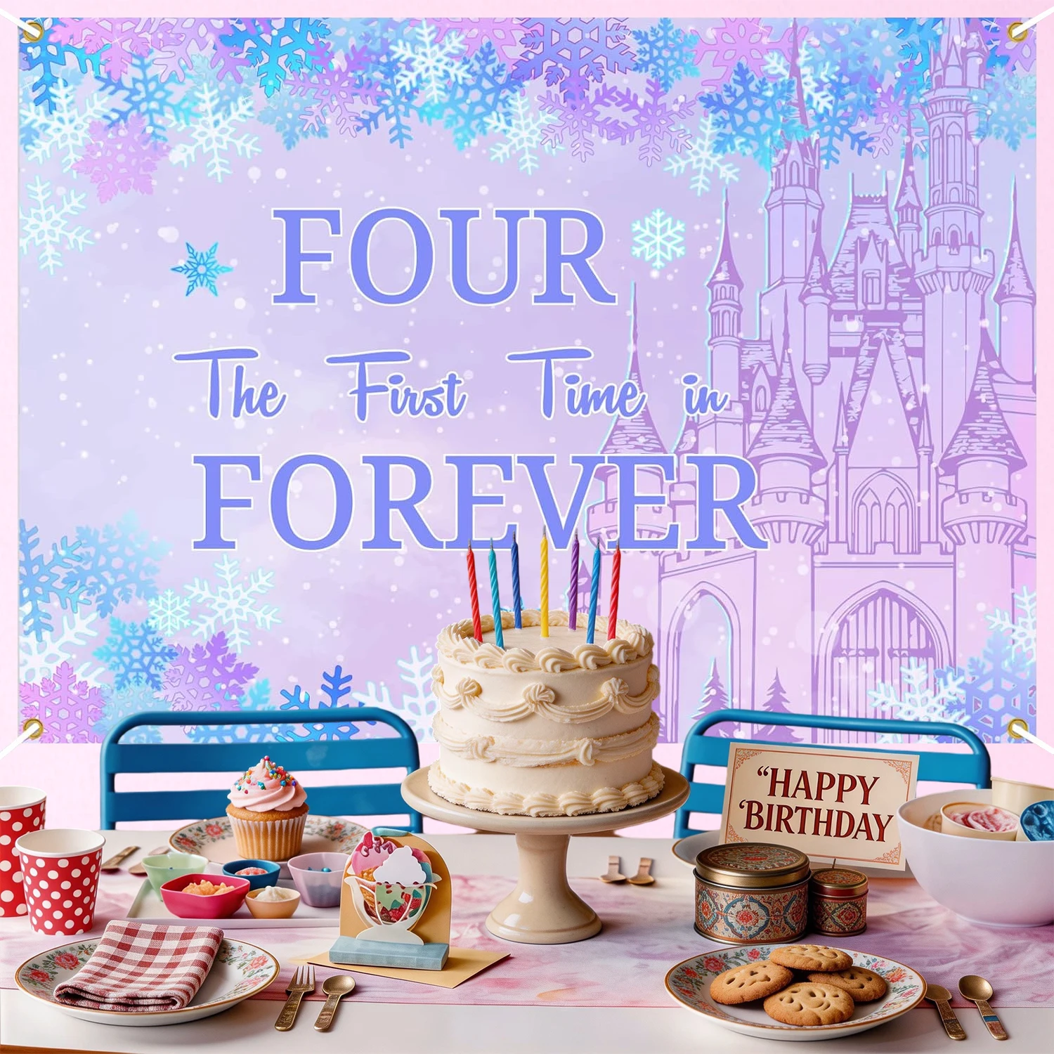 Four The First Time in Forever Birthday Decorations Winter Princess 4th Birthday Backdrop Frozen Birthday Decorations Princess