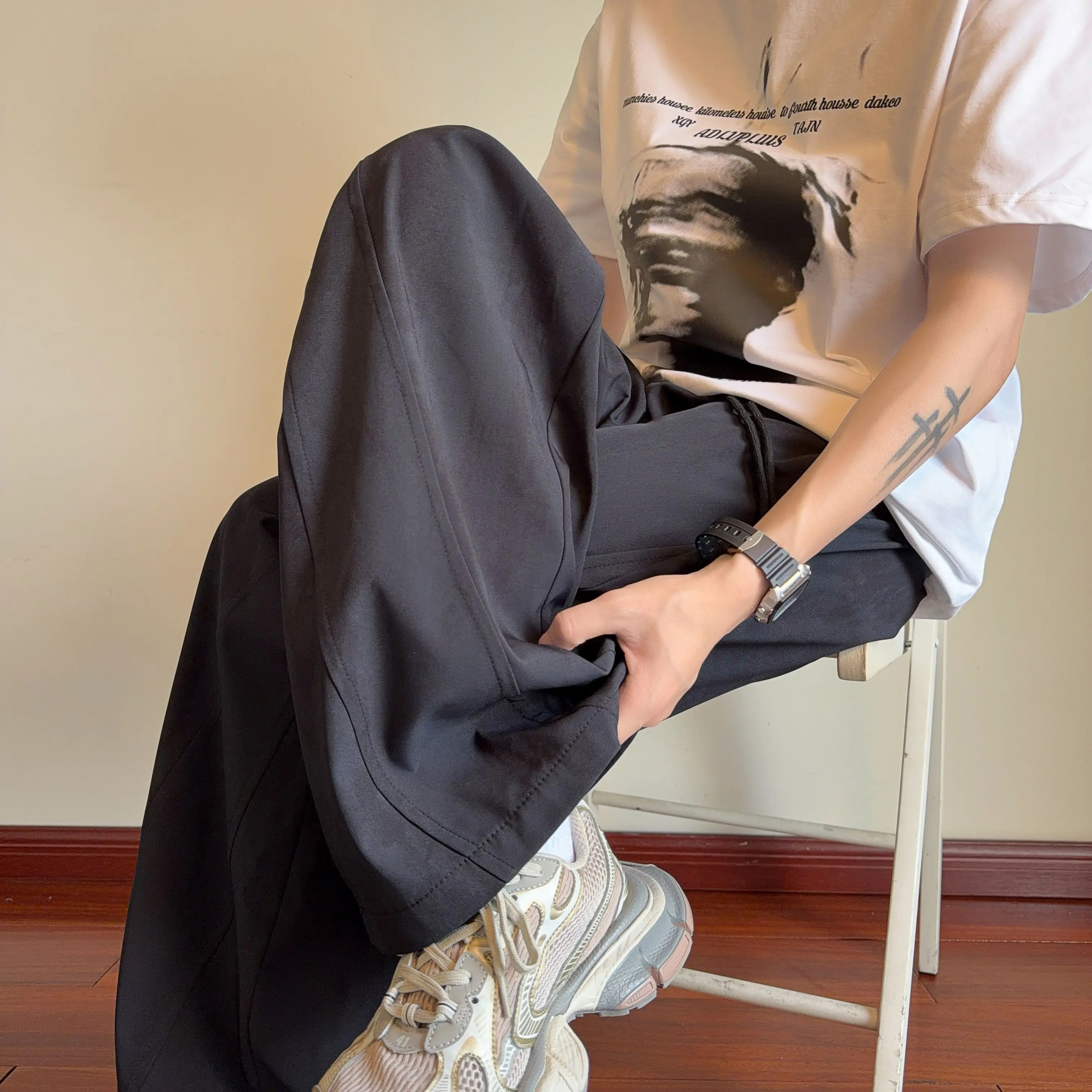 2026 New Men's 100% Polyester Wide Leg Casual Pants Tie‑dye Solid Color Loose Baggy Trousers Elastic Drawstring Waist Streetwear