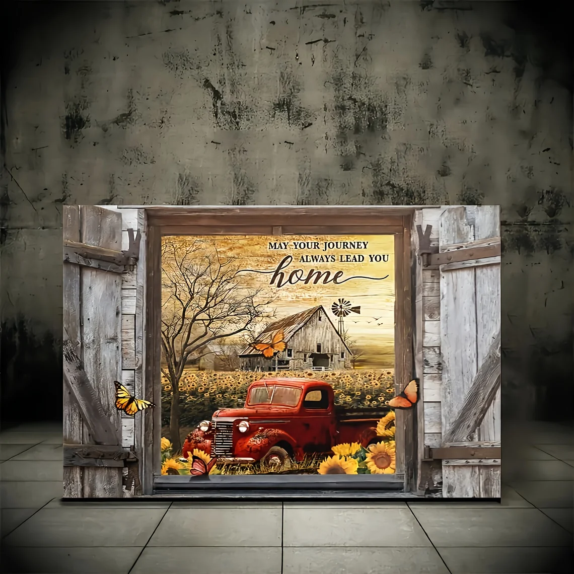 Wooden Framed Canvas Painting Rustic Red Old Truck Picture Kitchen Wall Art Print Suitable for Home Decor Living Room Bedroom