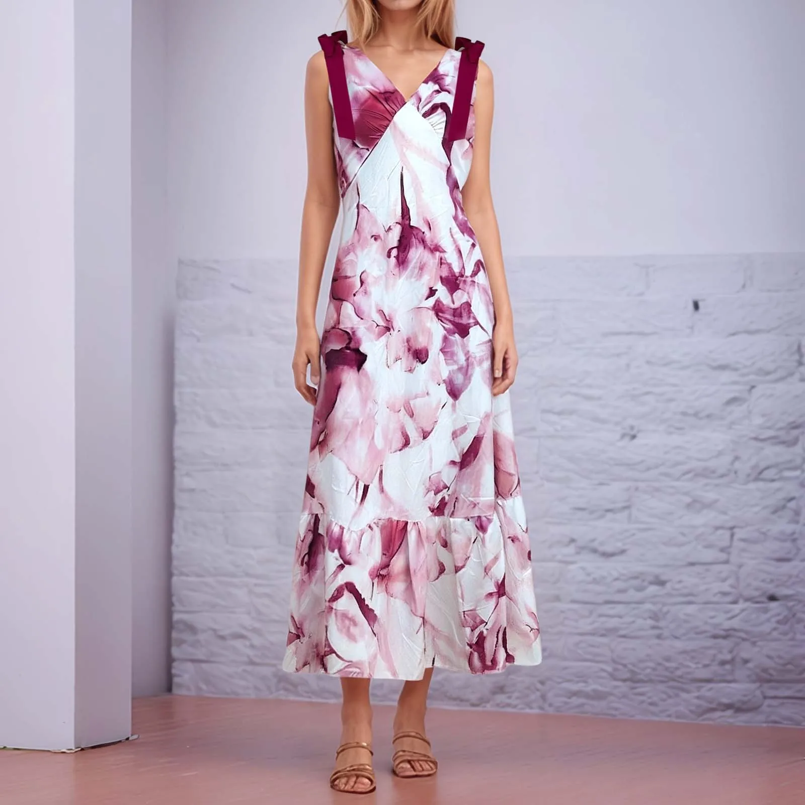 

Summer 2025 Lace Up Women'S Long Dress V-Neck Sleeveless Printed Dress With Temperament Commuting Camisole Mid Length Skirt
