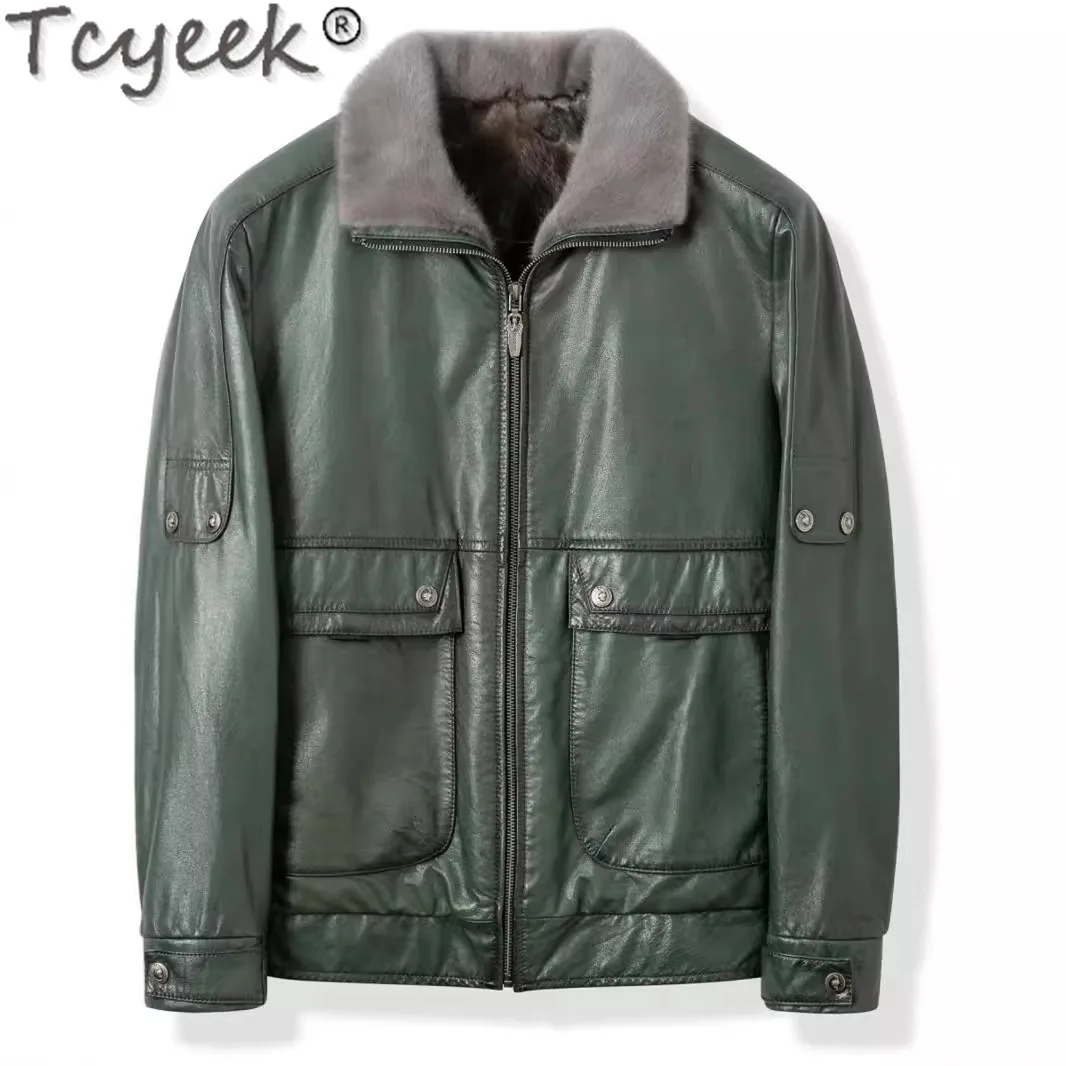 Tcyeek Natural Genuine Leather Man Jackets 2024 Winter Men's Jacket Cowhide Coats Warm Mink Fur Coat Men Casual Куртка Мужская