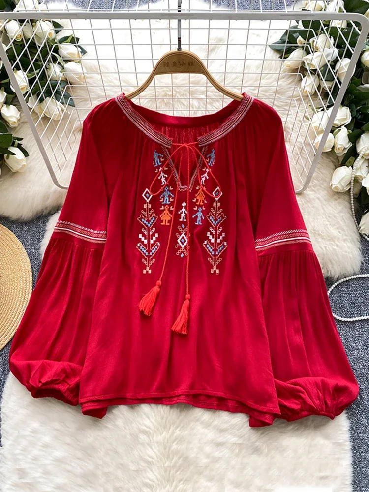 

Весенне-осенняя блузка Lndie с народной вышивкой, женская новая блузка с рукавами-фонариками, универсальный повседневный свободный богемный топ для отпуска, женский D18