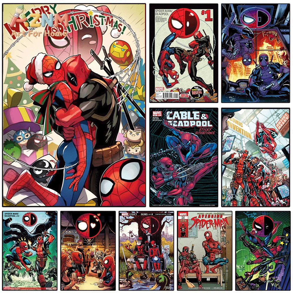 AZNM MARVEL Spider Man Deadpool Christmas Comic Canvas Wall Art Frameless Painting Home Bedroom Decor Poster Gift