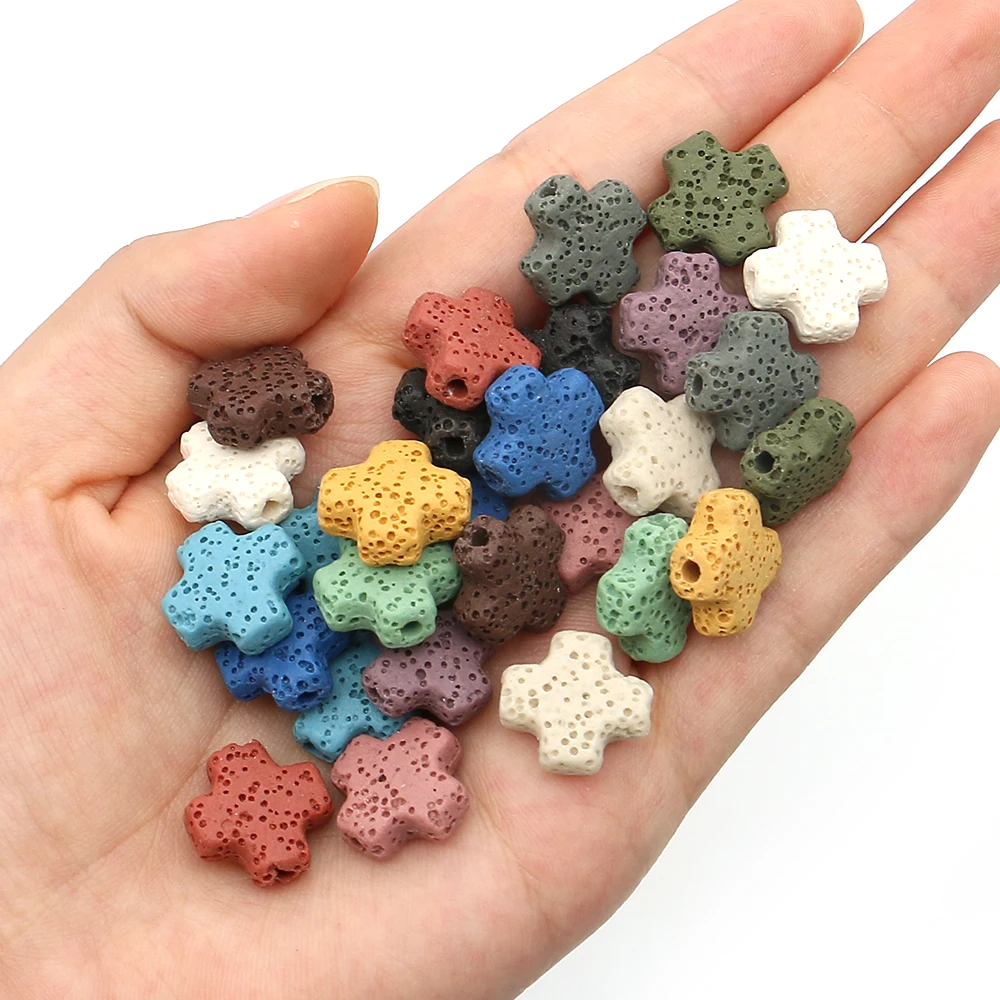 

14x14mm Cross-Shaped Dyed Semi-precious Stone Bead Volcanic Rock Polished Straight-hole Trendy Necklace Bracelet Accessory 10pcs