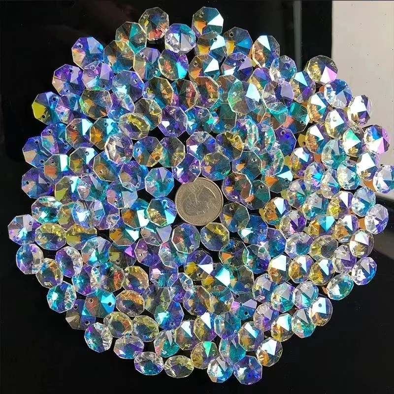 30PCS Aurora Crystal Glass Octagon Bead Prism Garland Strand Chandelier Chain Part Rainbow Suncatcher Curtain DIY Jewelry Making