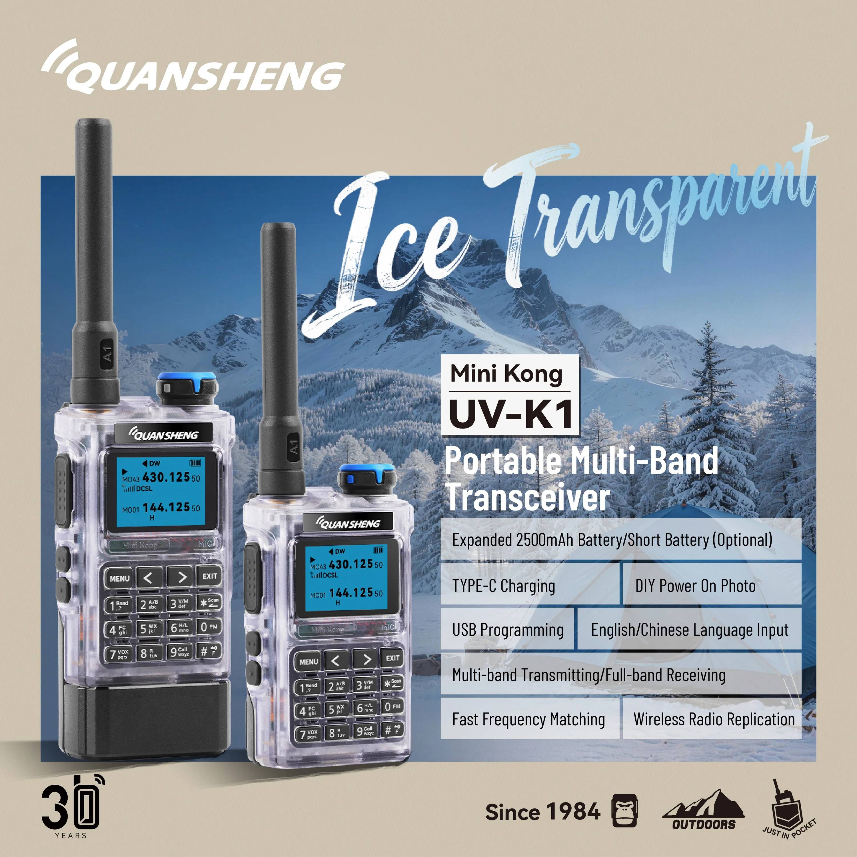 

Quansheng UV-K1 Mini Kong Transparent Color Multi-band Walkie Talkie 2MB Memory 1400/2500mAh AM/FM NOAA Ham Two Way Radio
