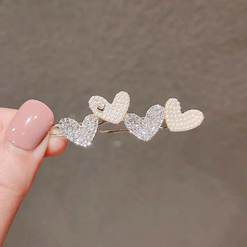 Women Hair Clips Heart Slide Hair Accessories Pearl Back Head Clip Crystal Rhinestone Girls Hairpins