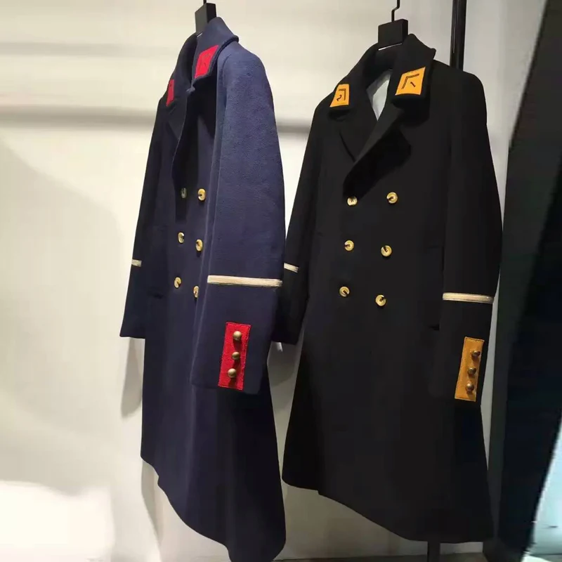 Winter Men's Casual Windbreaker Woolen Coats Mens Double - Breasted Metal Thread Embroidered Wool Long Jackets Slim Trench