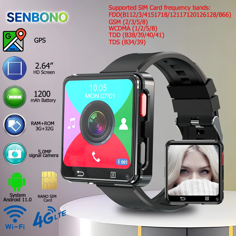 SENBONO Android 4G Smart Watch 1200mAh Battery 3GB+32GB 2.64 inch GPS Maps WIFI Smartwatch for Men With Video Call Camera