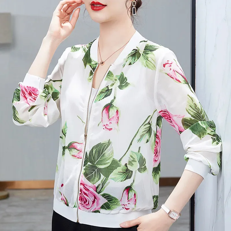 Size M-5XL Women Chiffon Rose Printing Jacket Spring Summer Thin Coat Cardigan Female Long Sleeve Tops Woman Clothes