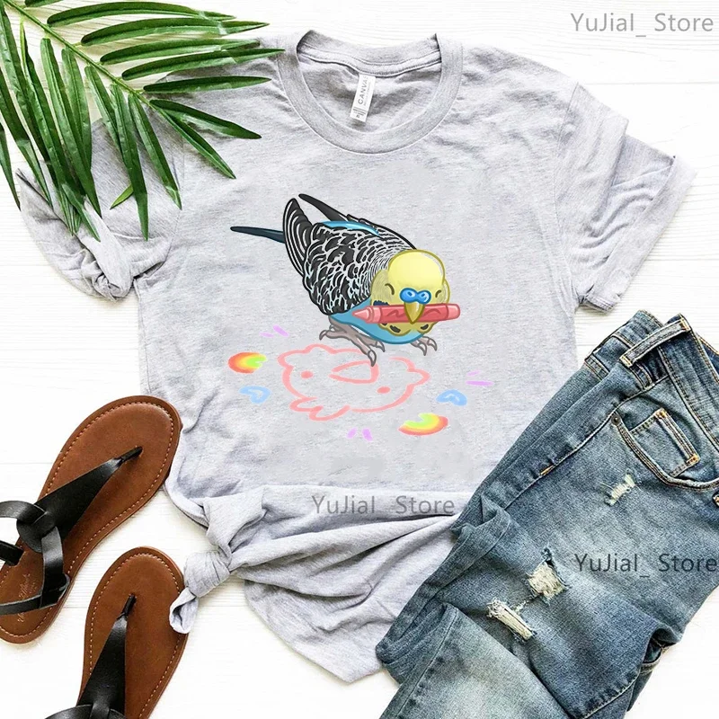 Cockatiel Parrot Love Draw Printed T Shirt Girls Harajuku Kawaii Clothes Gray/Green/Yellow/Pink/Black/White T-Shirt Femme Tops