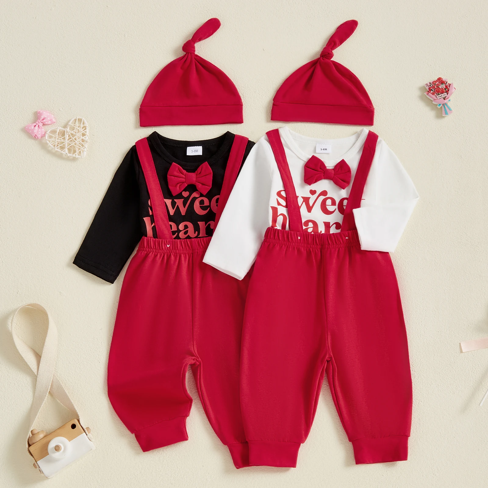 Baby Boy Valentine's Day Outfit Letter Print Long Sleeve Rompers and Elastic Overalls Pants Hat Set 3 Piece Clothes