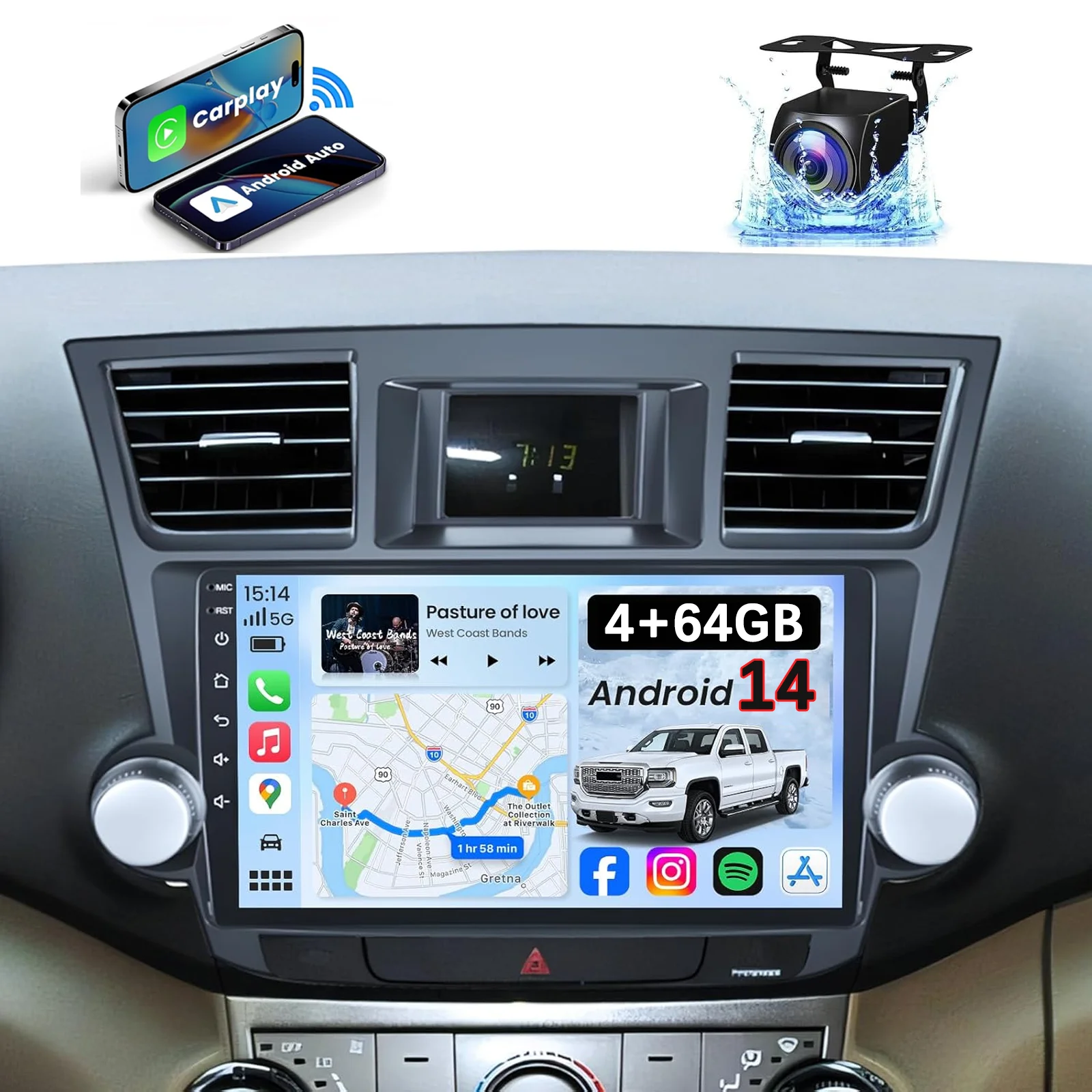 Carplay Android 14 Auto Car radio For Toyota Highlander 2007 2008 2009 2010-2013 Multimedia GPS Stereo 2din Screen Autoradio SWC