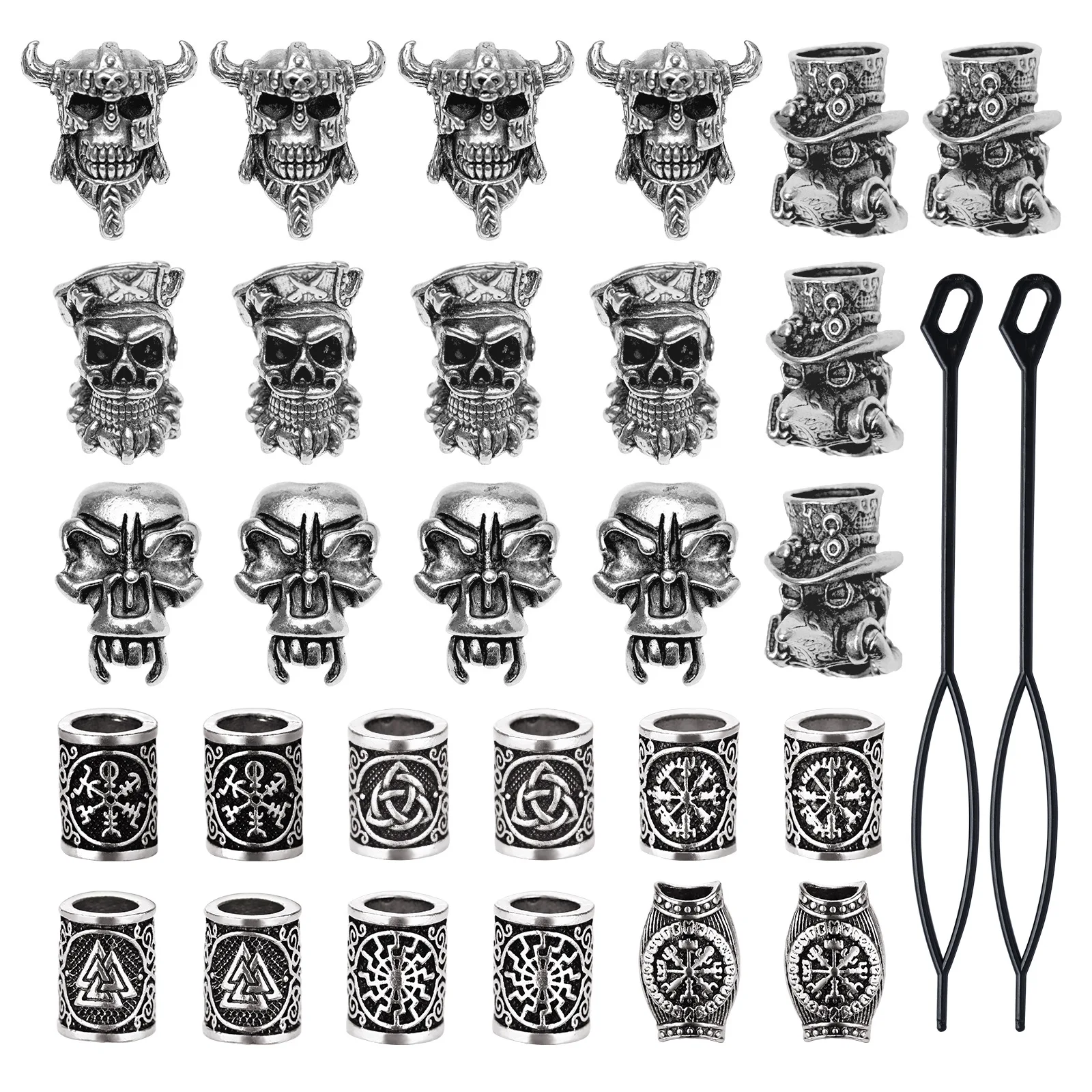 Viking Rune Skull Beads Men's Beard Wig Dirty Braid Buckle Hair Loop Scandinavian Rune Accessories Viking Amulet Jewelry