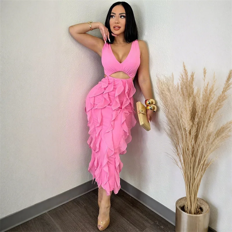 2025 été femmes col en V sans manches découpé volants moulante Sexy robe de soirée mi-longue dos fente noir rose robe de boîte de nuit anniversaire