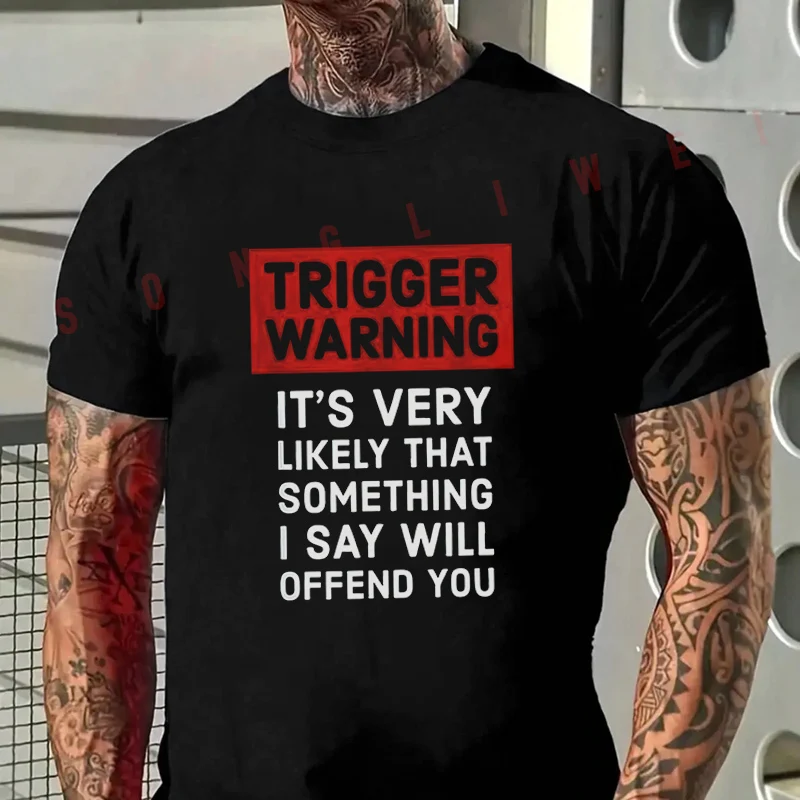 Funny TRIGGER WARNING Print Motorcycle Men's Fashion T-shirt Casual For Summer Comfortable Short Sleeve Tops