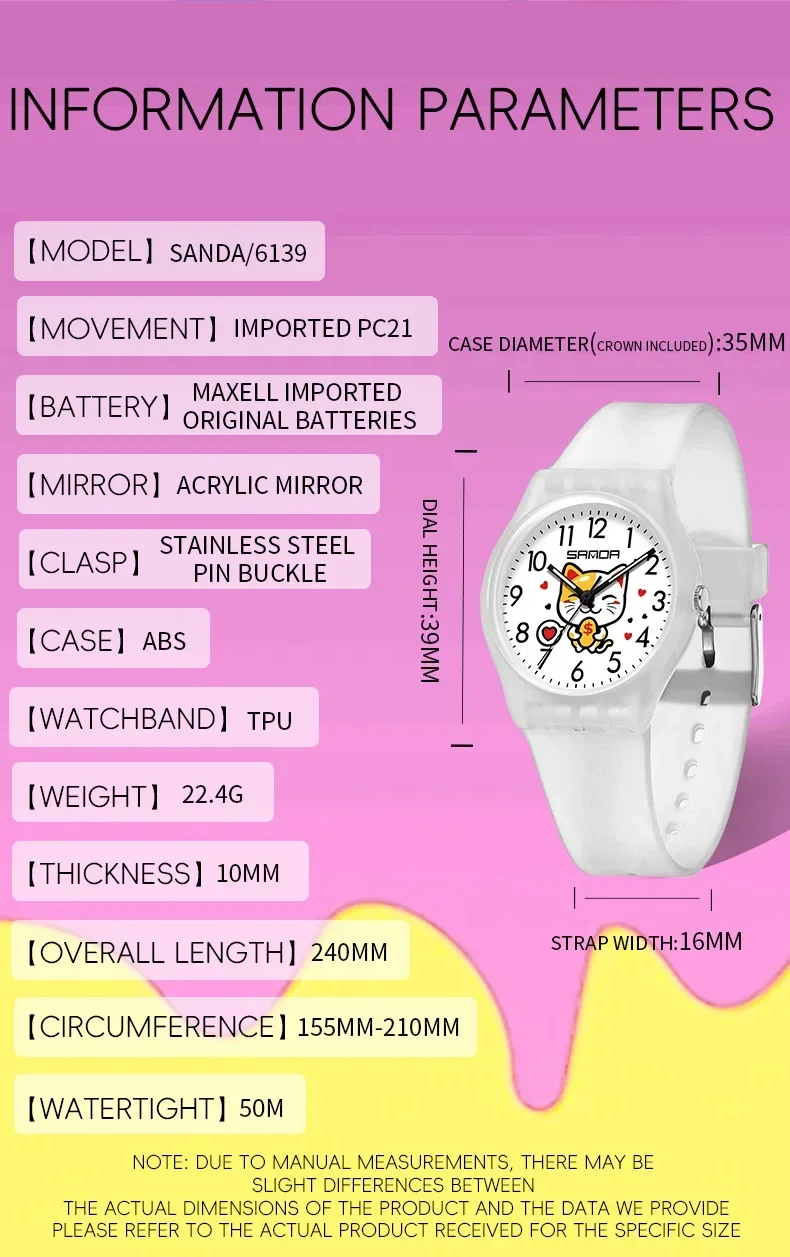 SANDA-Montre à quartz étanche pour enfants, montre de richesse pour enfants, chat de dessin animé mignon, coloré, loisirs, sports, étudiants, garçons, filles, 2024