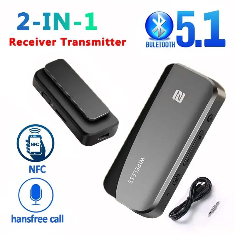 

Bluetooth 5.1 Transmitter Receiver NFC TF Card Wireless Adapter Dongle 3.5mm AUX Handsfree for TV PC Headphones Car HIFI Audio