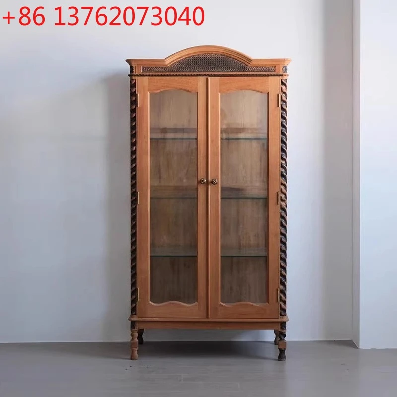 

French retro solid wood old carving display glass cabinet against the wall rattan home
