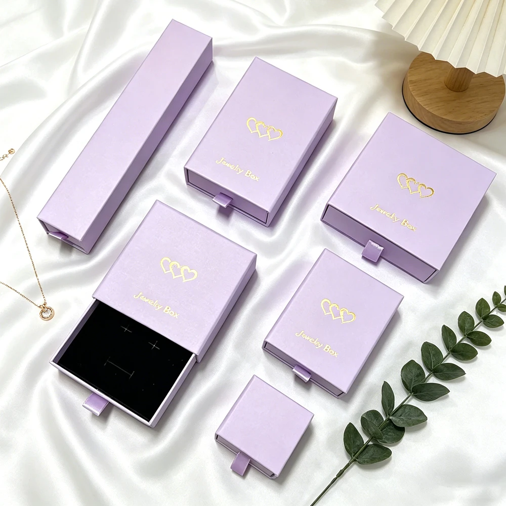 

Custom Logo Purple Jewelry Packaging Drawer Box Paper Bracelet Necklace Ring Earring Boxes Jewellry Gift Case Display Organizer