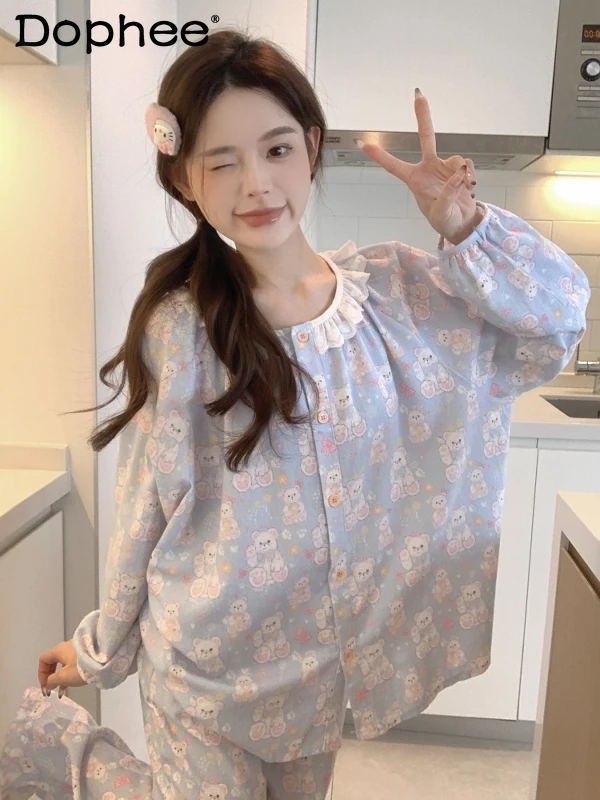 

2025 весенне-осенняя пижама с круглым вырезом и длинными рукавами для женщин, повседневный комплект домашней одежды из чистого хлопка с рисунком медведя для милых девочек