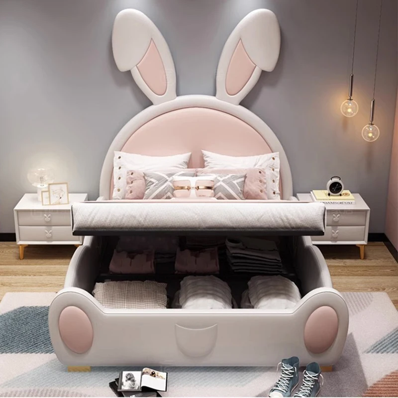 #For Cute Rabbit Bed Girls Modern Pop Children's Bed with Guardrail Soft Leather Storage Children's Bed Set Furniture Bedroom