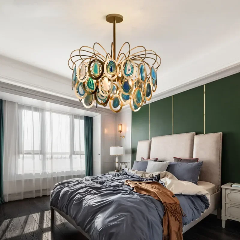 Nordic chandelier Foyer LED Living room Bedroom Gold Luxury pendant Slice Agate Chandelier Metal Loft Home Deco hotel lamp