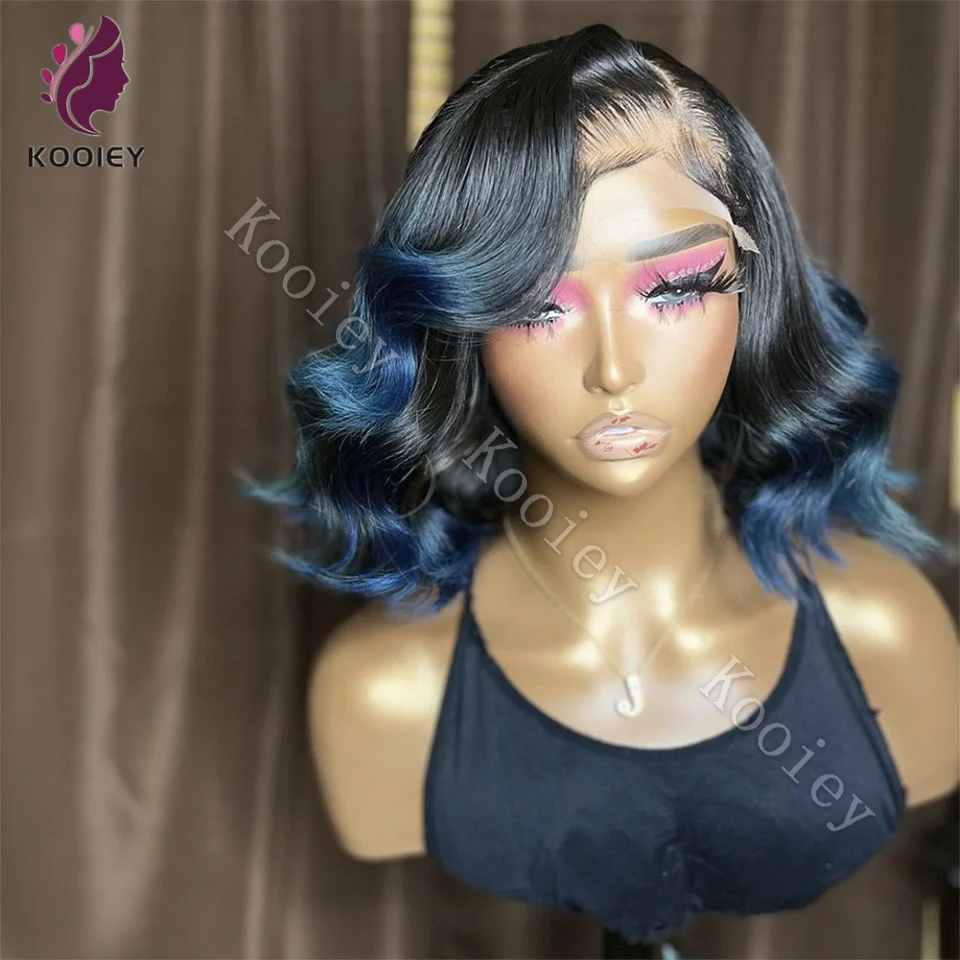 Donkere Wortel Ombre Kleur Body Wave Menselijk Haar 5X5 Sluiting Pruik Pre Geplukt Blauw 13X4 Transparant Kant Front Pruik Korte Bob Pruiken Vrouwen