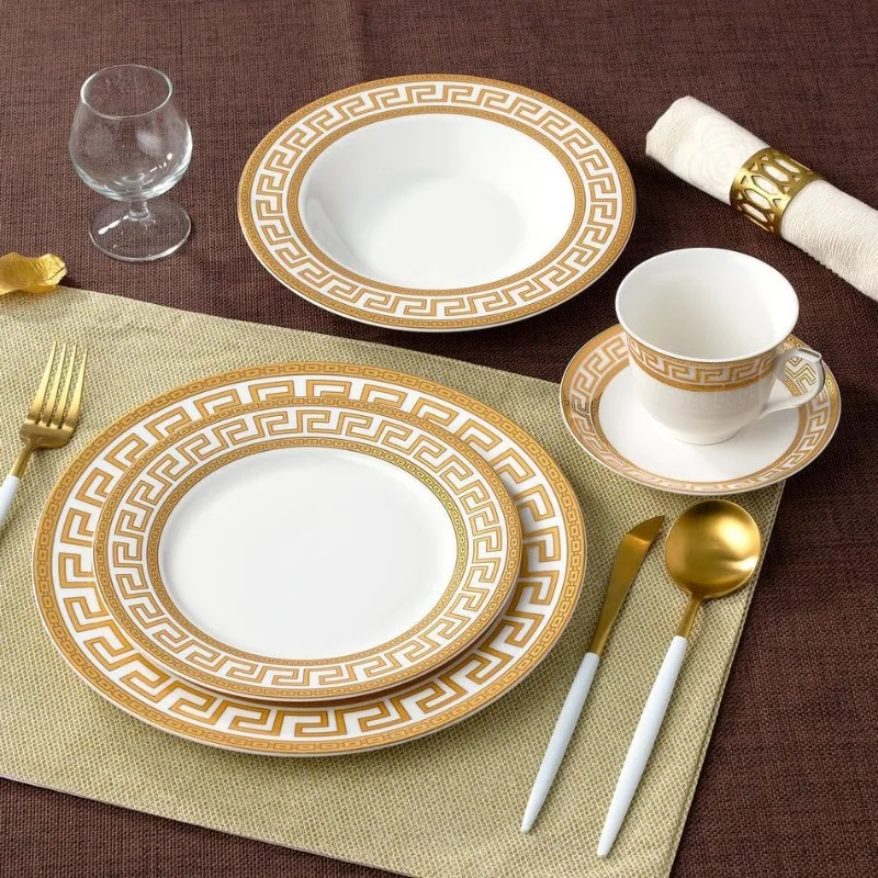 طقم أواني طعام مأدبة مكون من 57 قطعة مفتاح يوناني ذهبي - خدمة طعام فاخرة لأدوات المائدة لـ 8 أشخاص