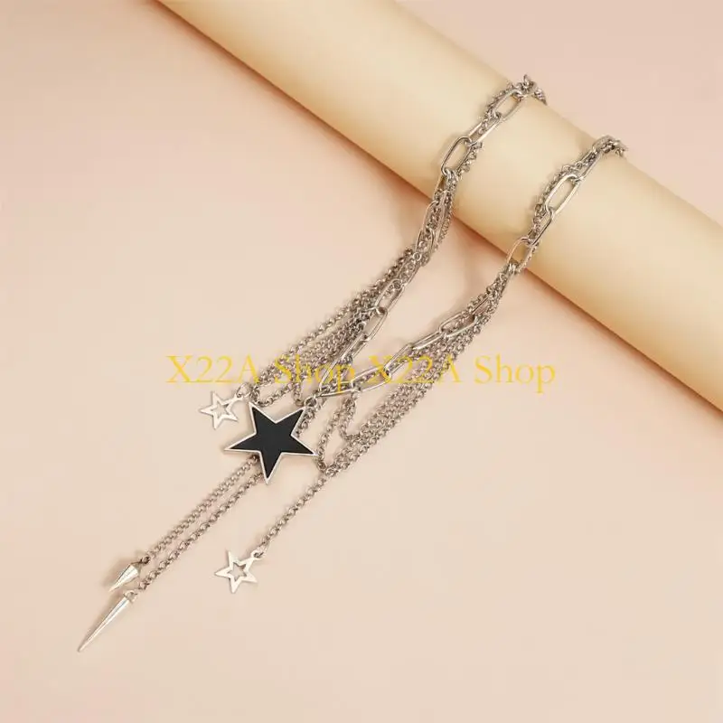 Unique Edgy Cutout Star Pendant Chain Accessory For Streetwear Party Outfits Openwork Pentagrams Modern Women Jewelry