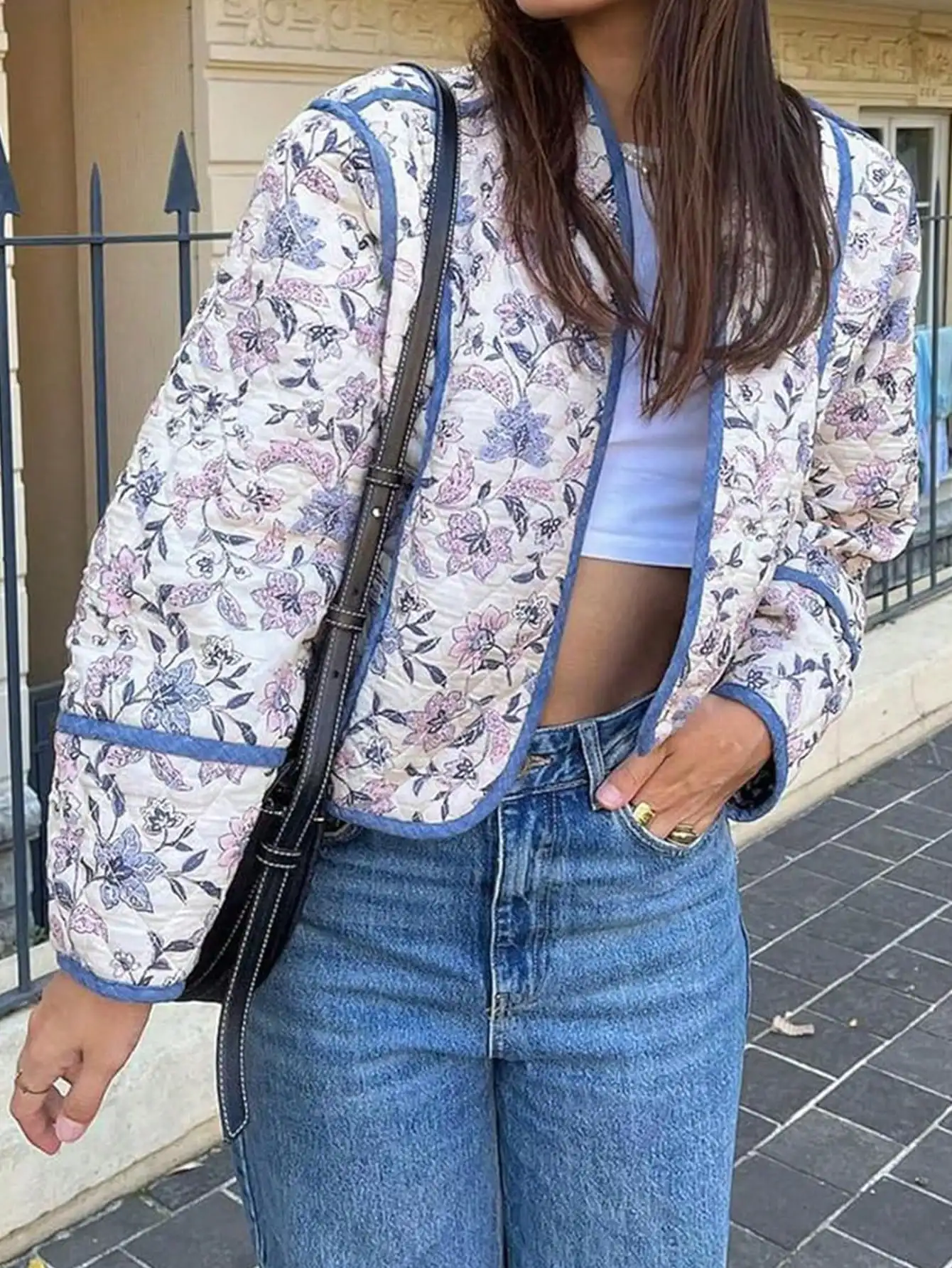 

Women's Cropped Floral Quilted Jacket Cardigan Printed Lightweight Open Front Padded Puffer Coat