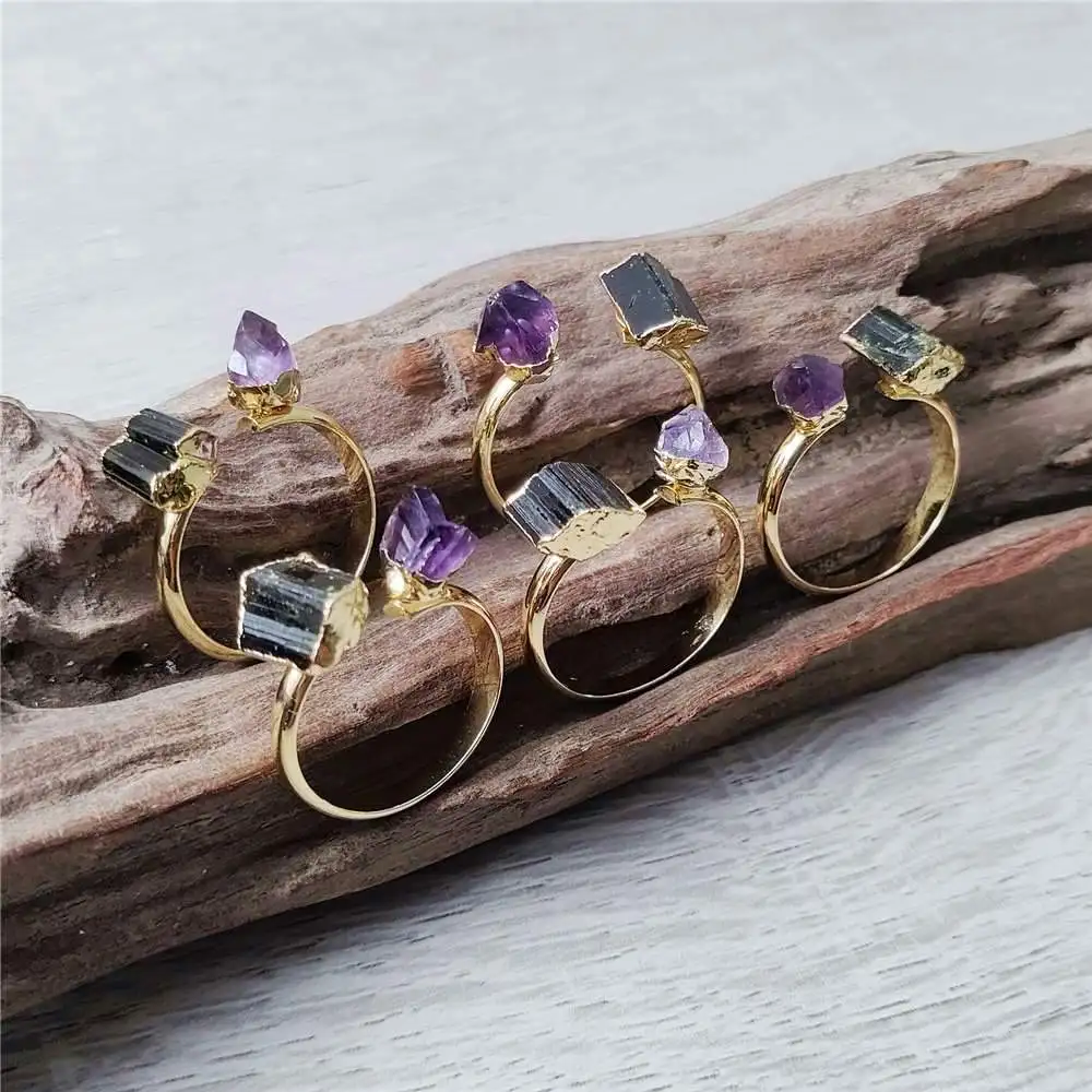 FUWO Wholesale Natural Black Tourmaline And Amethysts Rings,Double Stone Design Golden Plated Jewelry For Women RG056 5 Pcs/Lot