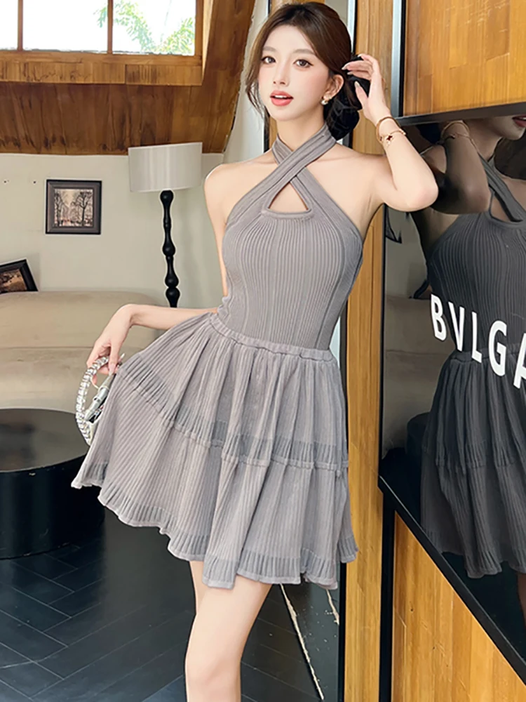 Summer White Knitted Patchwork Ruffled Mini Dress Women Elegant Neck-mounted Sexy Dress 2025 Korean Fashion Bodycon Chic Dresses