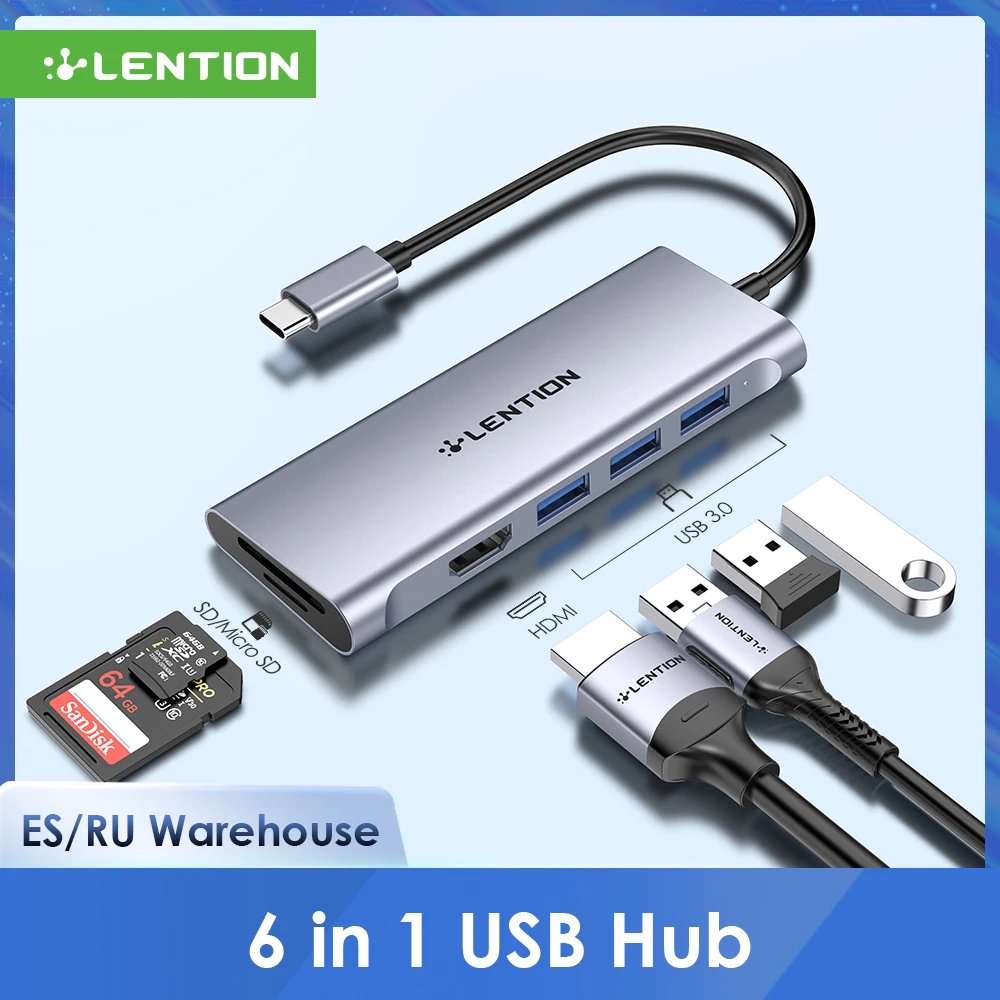 

LENTION USB C Hub with 4K HDMI 3 USB 3.0 SD 3.0 Card Reader Compatible 2023-2016 MacBook Pro 13/15/16 Multiport Stable Driver